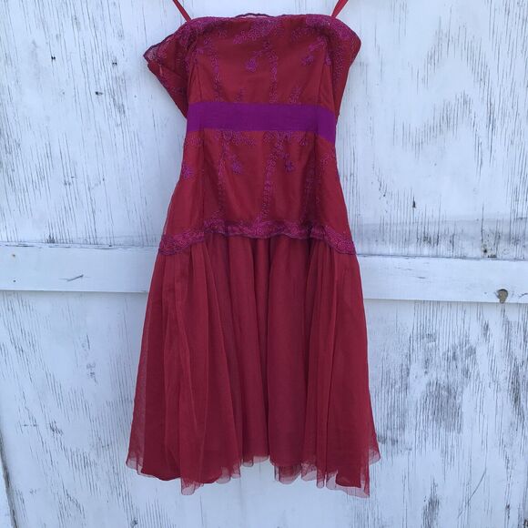 Pearl Georgina Chapman of Marchesa Red Mesh Lace Bustier Party Dress Size 0 - Picture 2 of 10